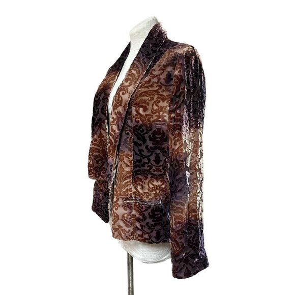 Sundance Burnout Velvet Open Front Jacket Silk Blend Baroque Pattern Size 14 XL - Picture 2 of 9